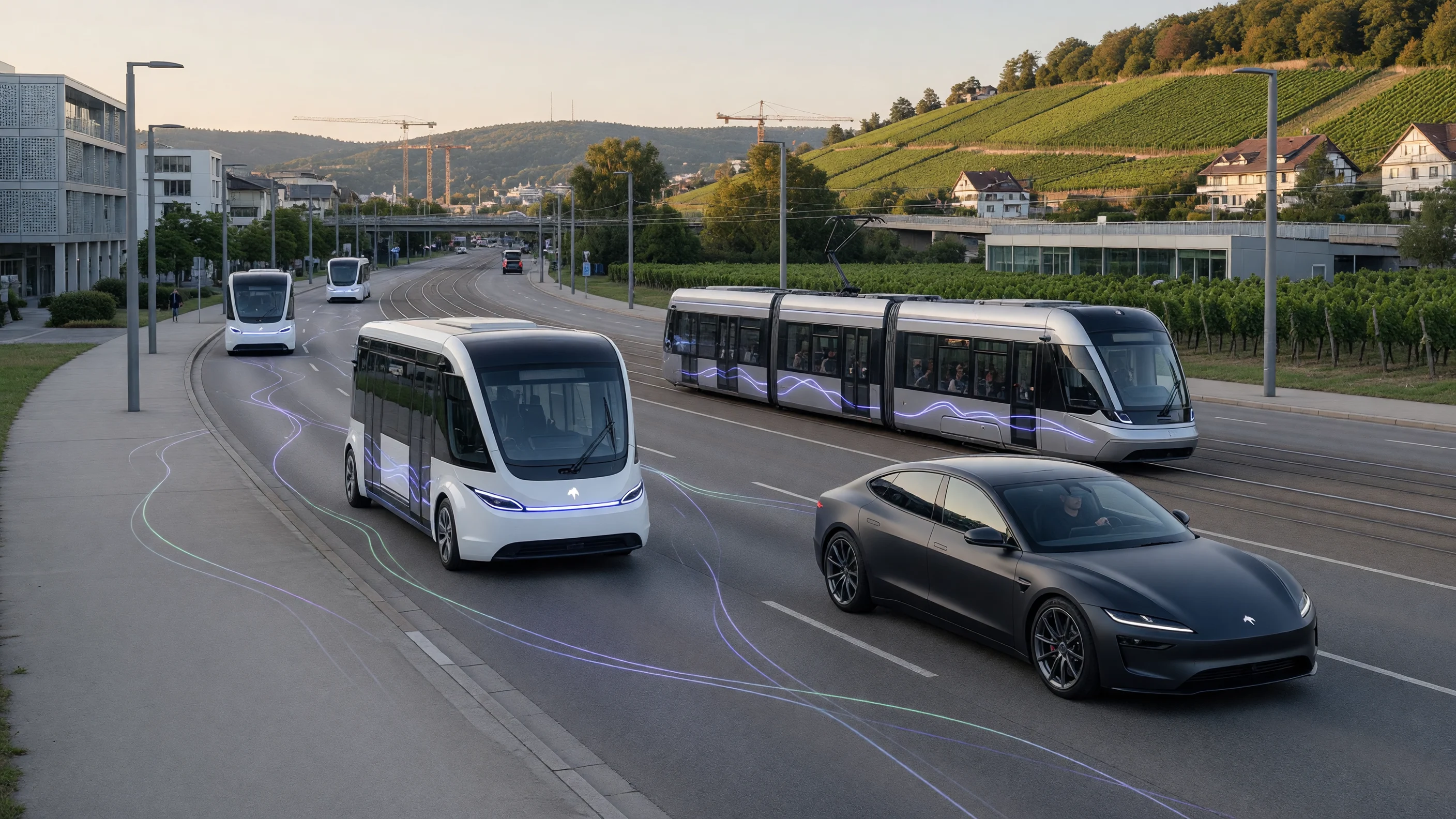 Stardrive vehicles, public transport and city traffic in a synchronized network.