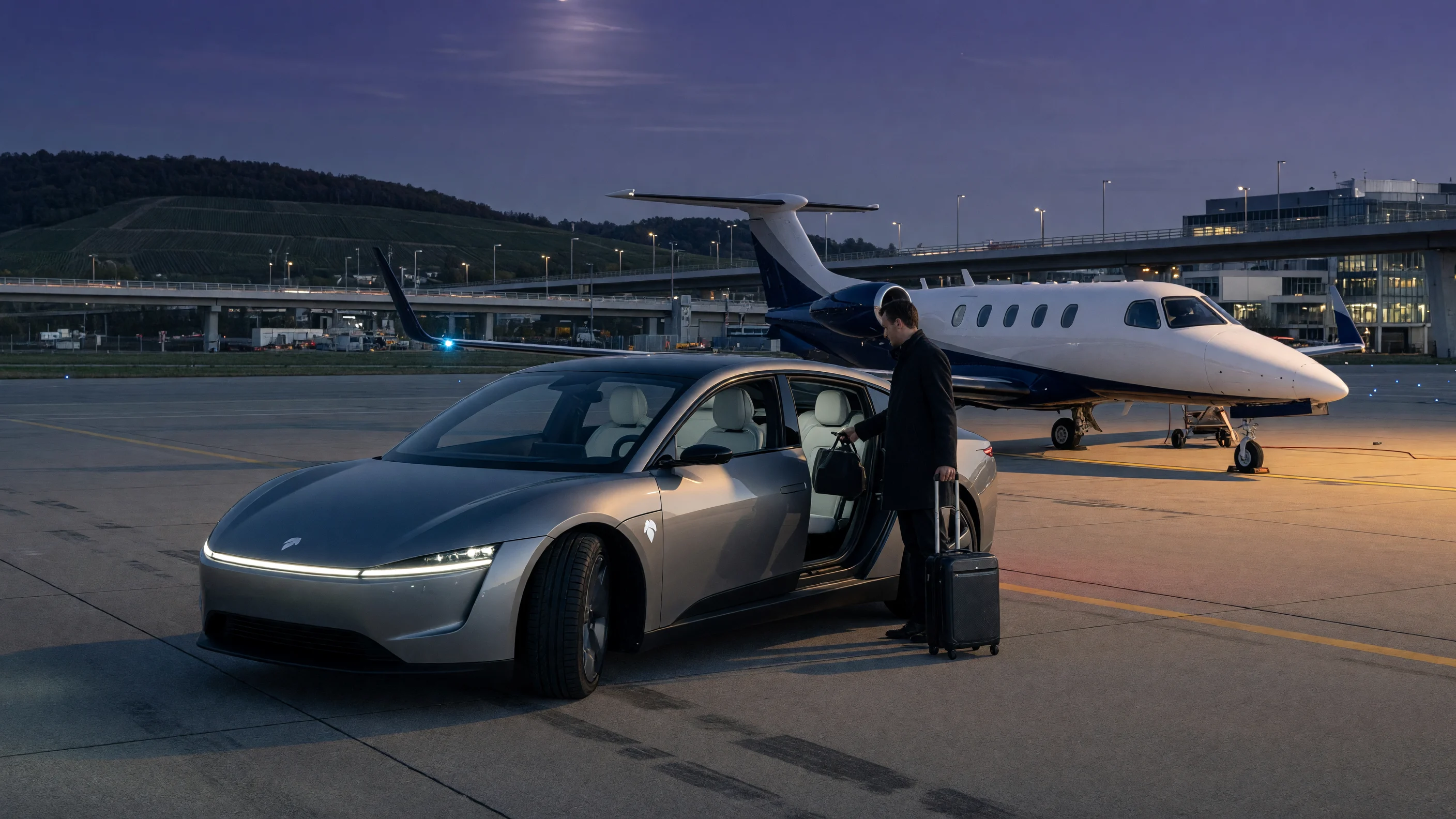 Stardrive vehicle near an unbranded aircraft on an airport apron.