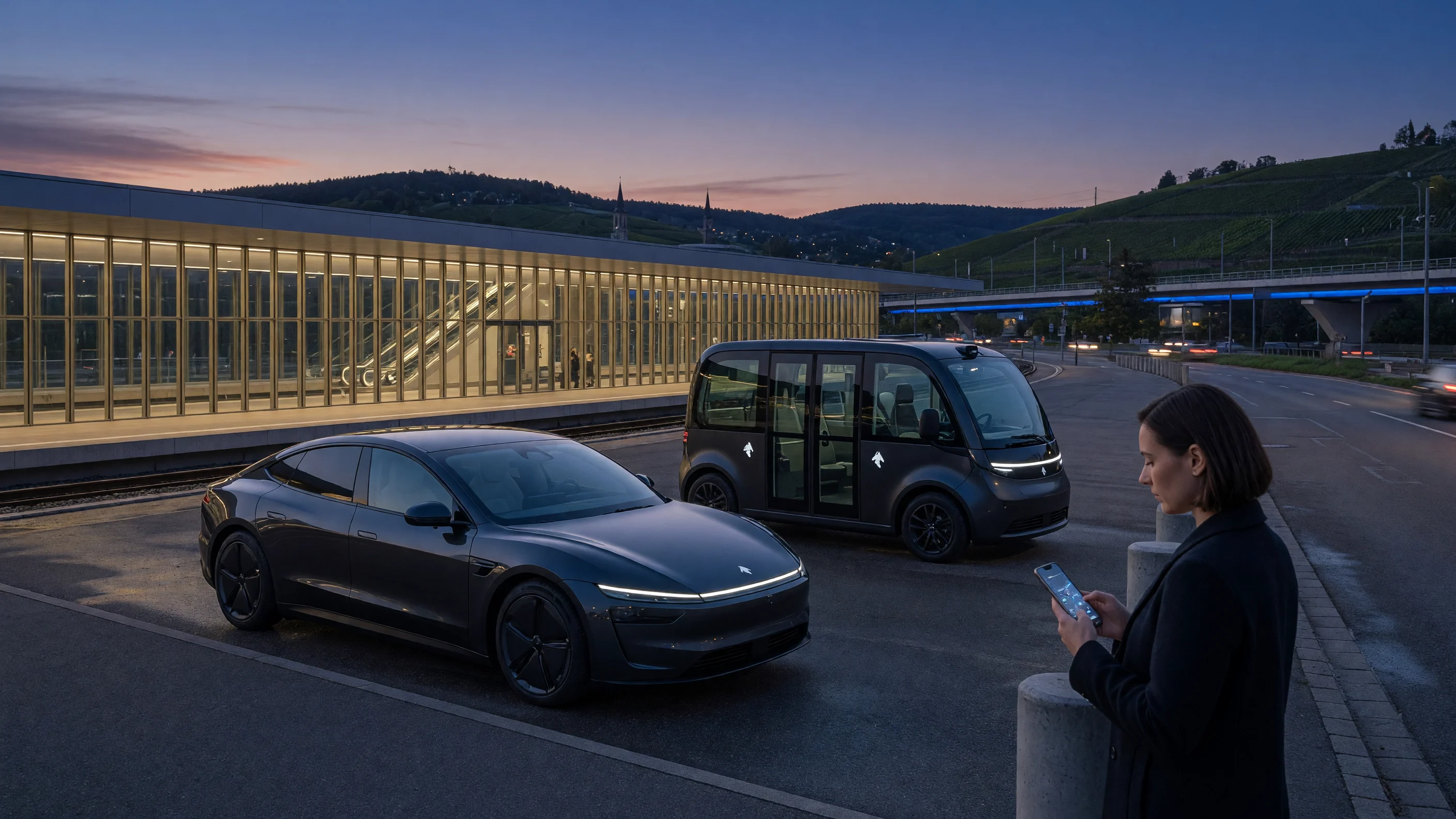 Stardrive vehicles at a mobility hub with a trip-planning app.